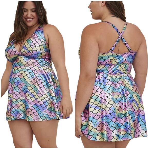 torrid Other - Torrid NWT Mid Length Swim Dress Mermaid Size 1X Metallic Shimmer Rainbow V-Neck